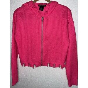 Trendy Threads Distressed Cropped Knitted Sweater Women Size Large Neon Pink